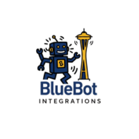 BlueBot mascot — a friendly AI robot next to the Seattle Space Needle